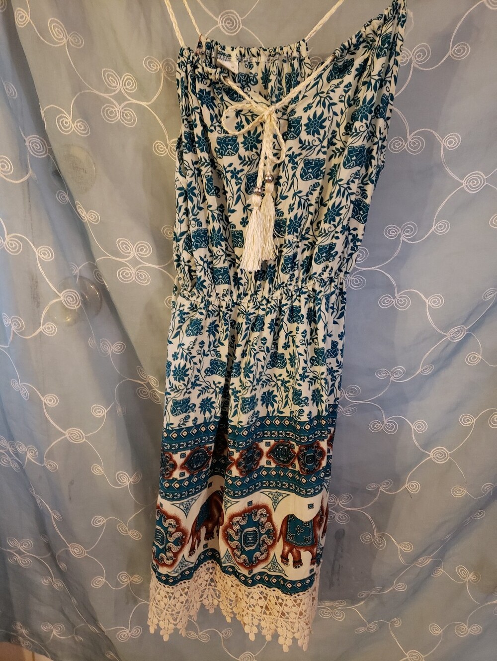Trixxi Boho Elephant Print Halter Dress Crochet Lace Trim L XL